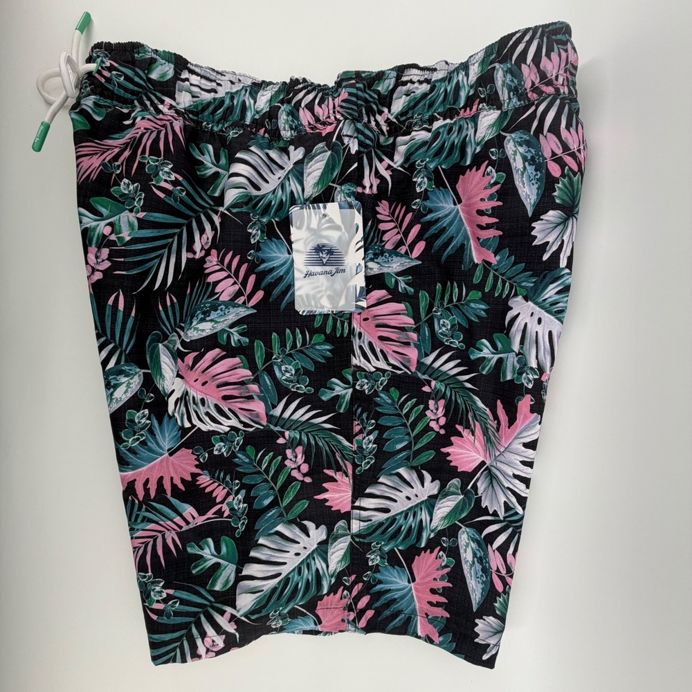 Havana Jim Mens Tropical Floral Swim Trunks Black Pink Monstera Leaf Large NEW